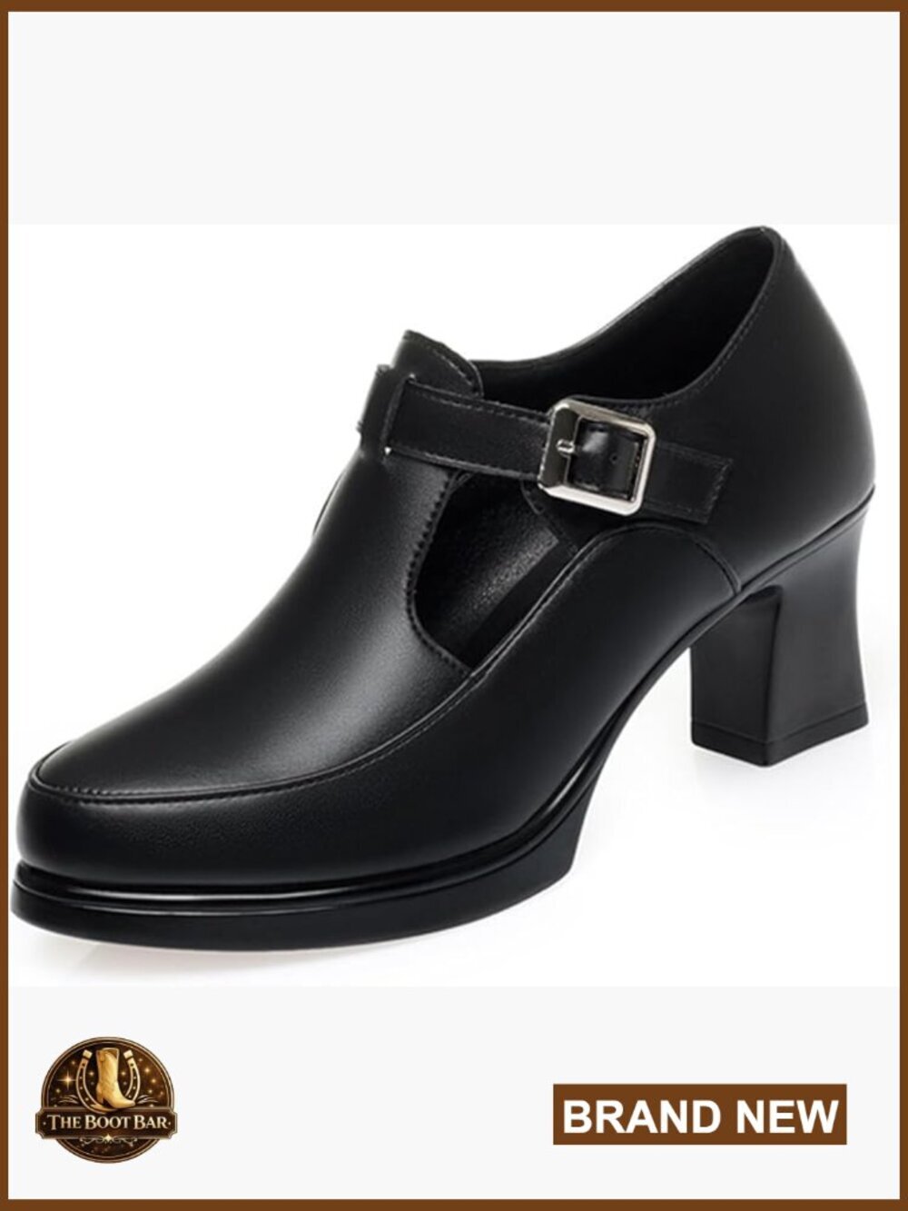 Women's Slip-On Genuine Leather Square-Toe Chunky Heel Mary Janes with Buckle